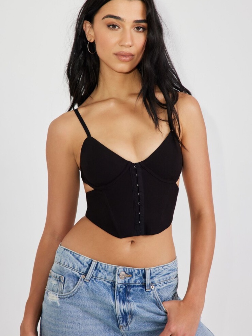 Black Bustier Crop Top with Hook-Front Closure